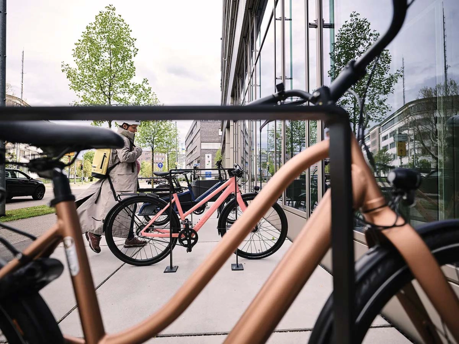 Bicycles arranged near an office mobility area